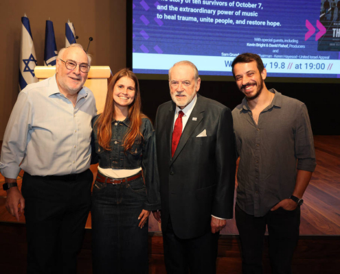 The Bridge special screening at the Menachem Begin Center in Jerusalem. Honoring the story of October 7 and the healing power of music. Members of the cast with special guest’s Ambassador Huckabee & David Fishof (producer), President Rivlin & Sam Grundwerg (Keren Hayesod–United Israel Appeal)