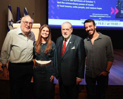 The Bridge special screening at the Menachem Begin Center in Jerusalem. Honoring the story of October 7 and the healing power of music. Members of the cast with special guest’s Ambassador Huckabee & David Fishof (producer), President Rivlin & Sam Grundwerg (Keren Hayesod–United Israel Appeal)